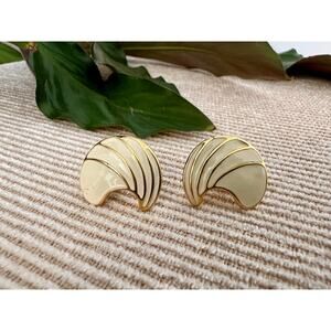 Vintage Mod White & Gold Crescent Shaped Earrings, Stud Costume Earrings